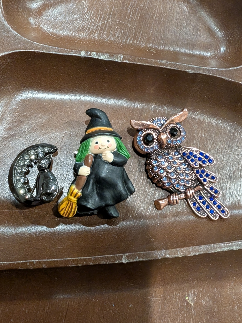 Halloween Witch, Do At, And Owl  Pin Brooch in Black and Green